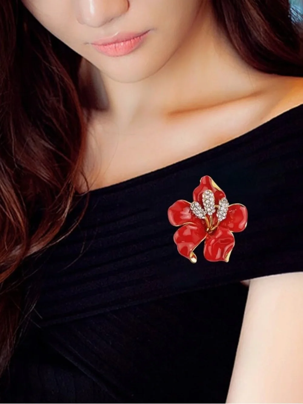 Anthropologie Red Enamel Floral Brooch with Crystal Accents